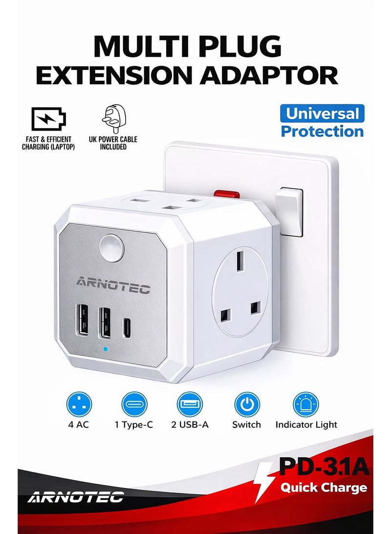 ARNOTEC مكعب توصيل متعدد 7 في 1 مع USB C - 4 مآخذ AC، 2 USB-A، 1 USB-C | 3250 واط منفذ شحن سريع | شحن USB ذكي | مفتاح طاقة وضوء ليلي | محول سفر مدمج للمنزل والمكتب (قابس بريطاني) - Image 1